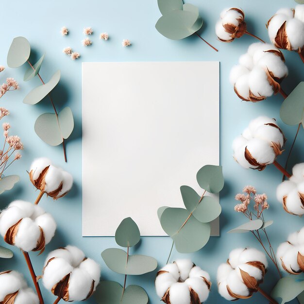 Cotton flowers and eucalyptus leaves on pastel blue background and white empty paper card flat lay