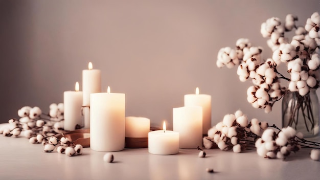 Photo cotton flowers on table near light wall