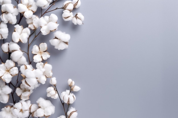 Cotton flowers theme frame on minimalistic background with copy space