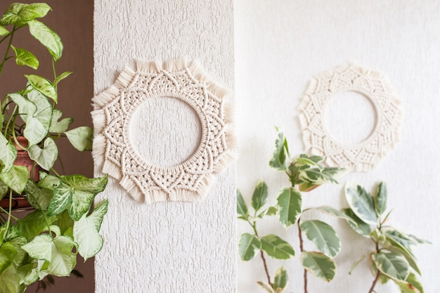 Cotton macrame mandala wall decoration hanging on white wall with green leaves. Handmade macrame wreath. Natural cotton thread. Eco home decor.