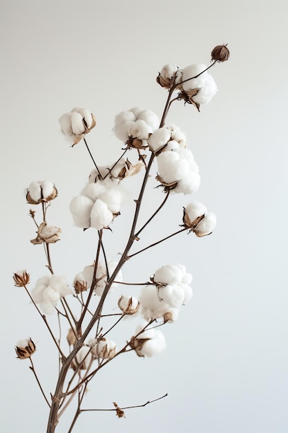 中性的な背景の綿の植物の枝