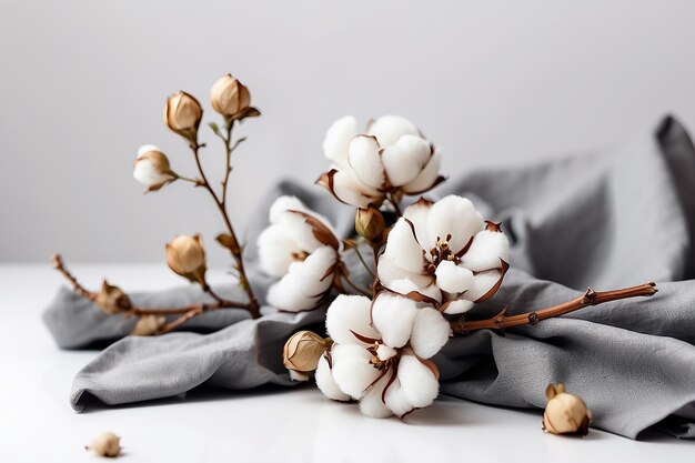 Cotton plant flower branch with grey fabric on white background