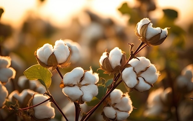 Cotton plant with cotton balls close up view with blurred plantation background