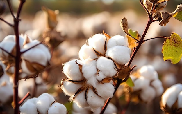 Cotton plant with cotton balls close up view with blurred plantation background