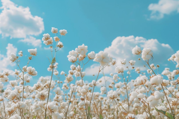 写真 青い空の下の畑の綿の植物