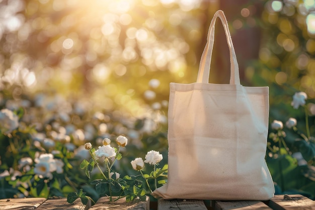 Cotton Tote Bag MockUp on Wooden Background Cotton Bag on Wood Rustic Table Surface