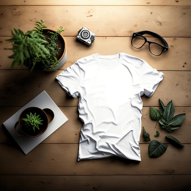 Cotton Tshirt mockup op houten achtergrond Generatieve AI illustratie