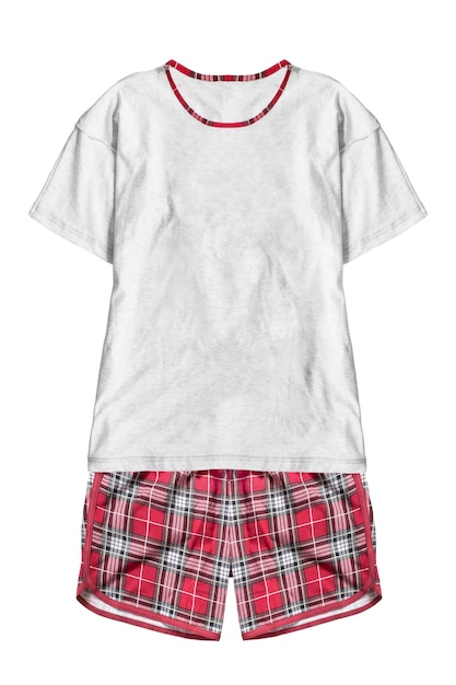 cotton tshirt and tartan shorts pajamas isolated on white background