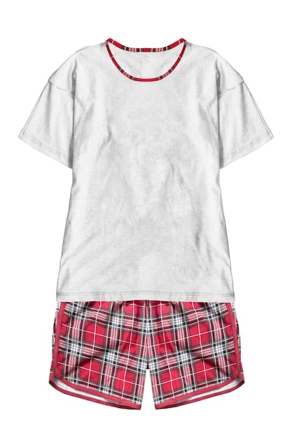 Cotton tshirt and tartan shorts pajamas isolated on white background