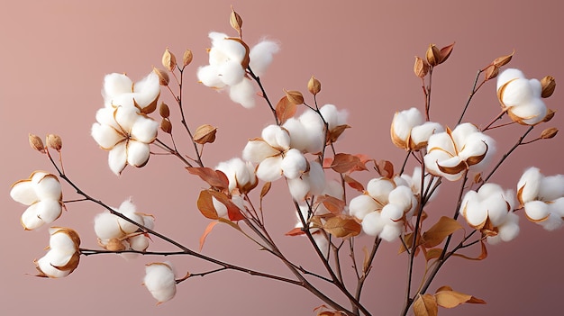 Cotton white fluffy flower seed branch organic fiber raw materials fabric copy space generative ai