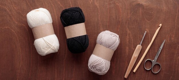 Cotton Yarn Skeins for Crocheting Handmade on a Dark Wooden background