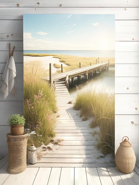 해가 지는 조용한 해변 의 면화 풀 포스터