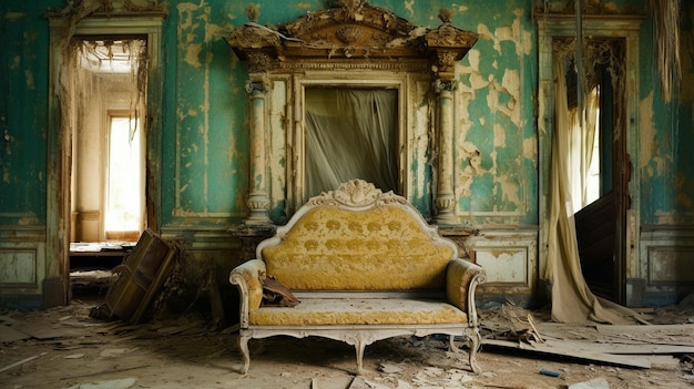 A couch in an abandoned house with a wall of paint that has been torn down.