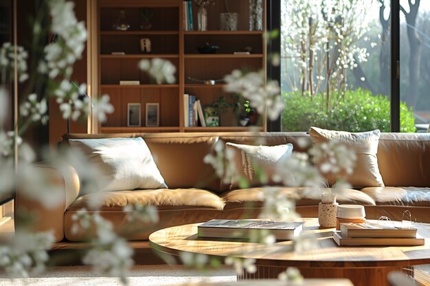 a couch and coffee table in a room with white flowers