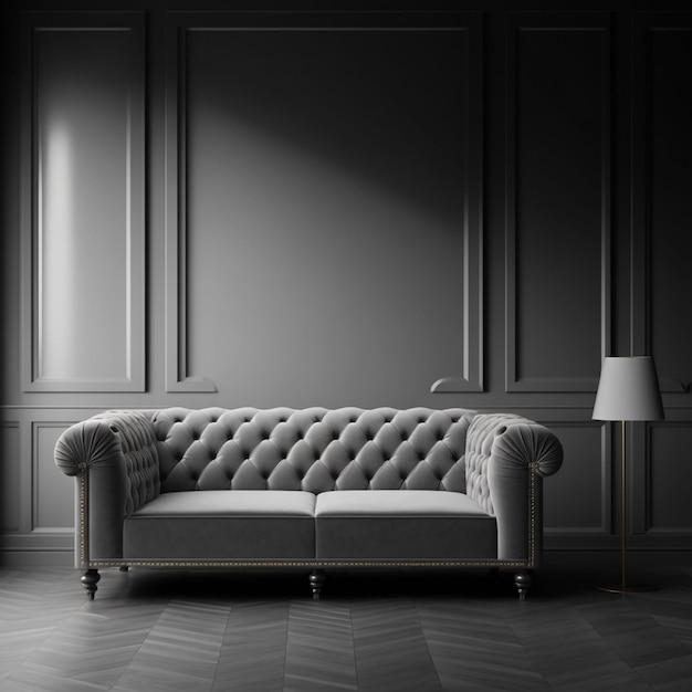 A couch in a dark room with a lamp on the wall behind it.