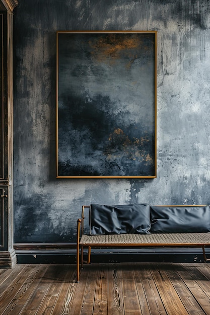 A couch and a framed painting on a wall