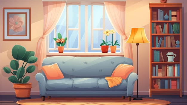 Photo a couch and lamp in a room vector art illustration