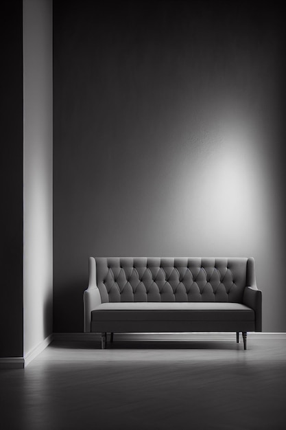 A couch in a room with a light shining on the wall.