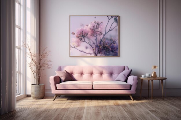 A couch in a room with a picture on the wall