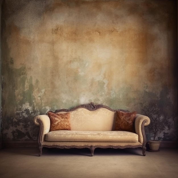 A couch in a room with a wall that has a faded paint job.