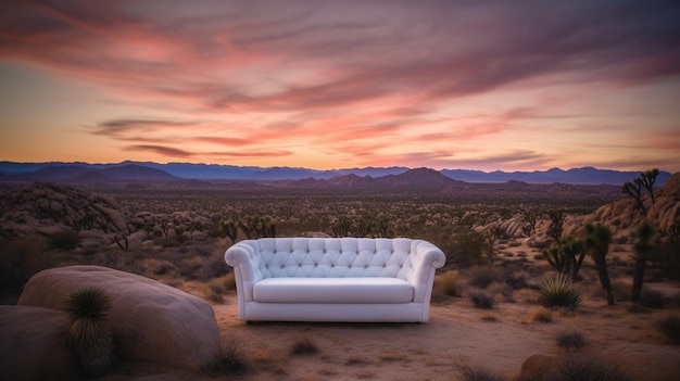 A couch sits in the desert at sunset.