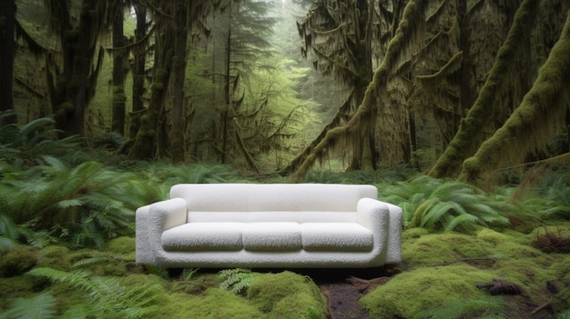 A couch sits in a forest with moss on the floor.