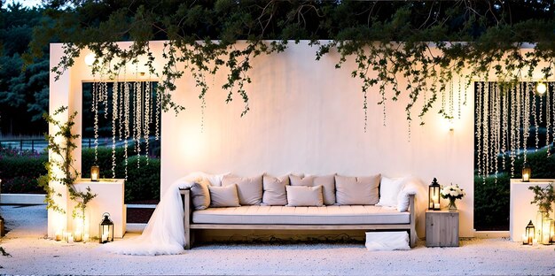 A couch sitting under a canopy covered in greenery