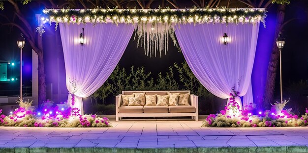 A couch sitting under a purple drape covered stage