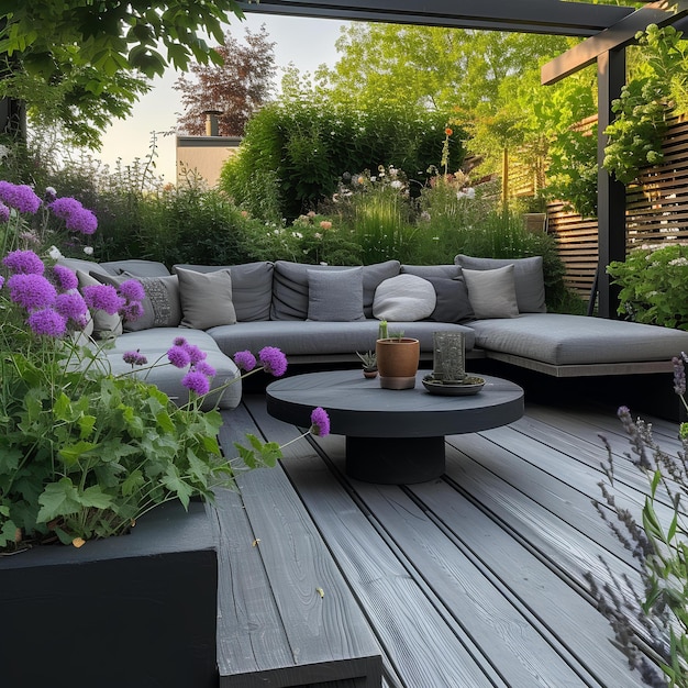 A couch and table on a wooden deck surrounded by plants and flowers and a pergolated area with a