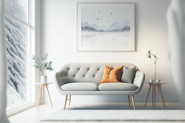 Foto divano in un soggiorno bianco in stile scandinavo nella decorazione
