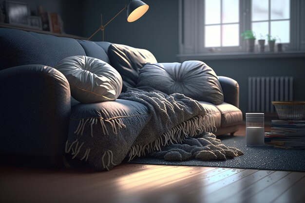 A couch with a blanket on it and a lamp on the floor.