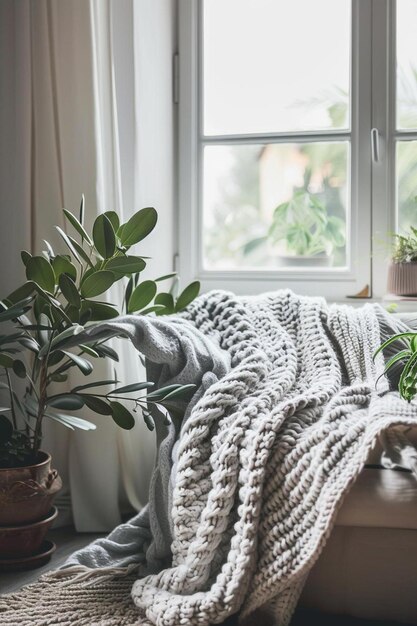 a couch with a blanket on top of it next to a potted plant