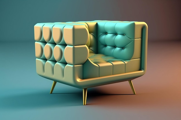 A couch with a blue back and gold legs.