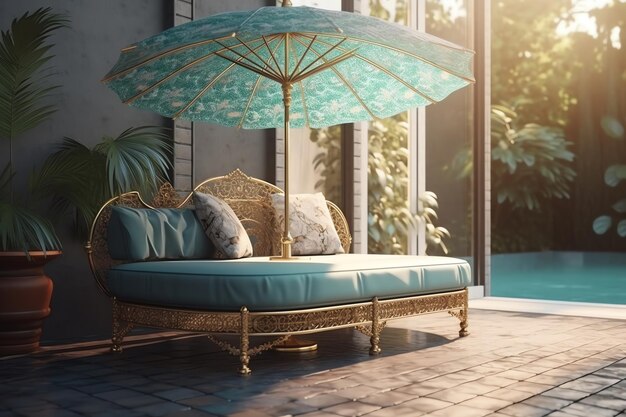 A couch with a blue and white umbrella on it