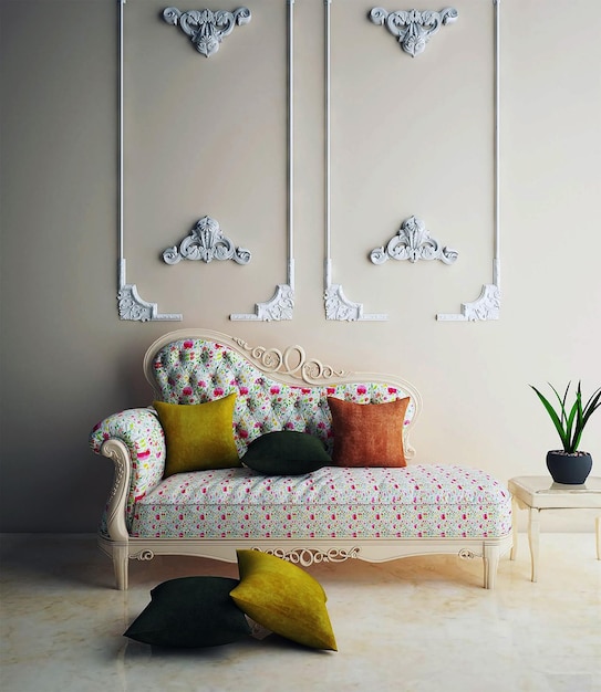 A couch with a colorful cushion and a plant on the wall