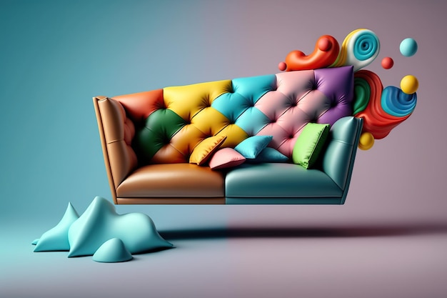 A couch with colorful pillows and a blue and yellow pillow on it.