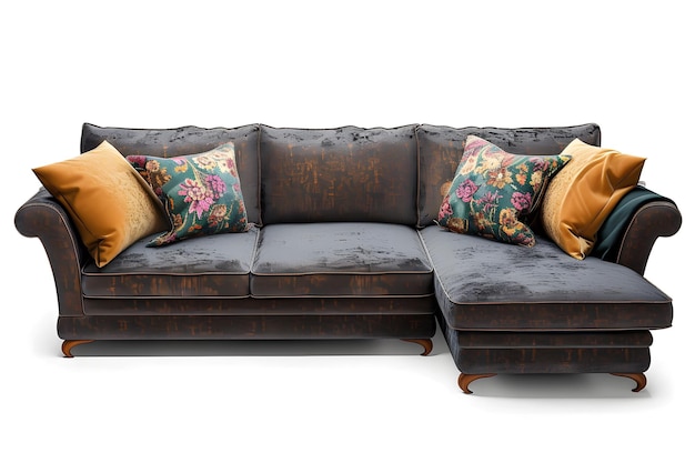 a couch with a floral pillow on it and a brown sofa with a floral pattern on the side