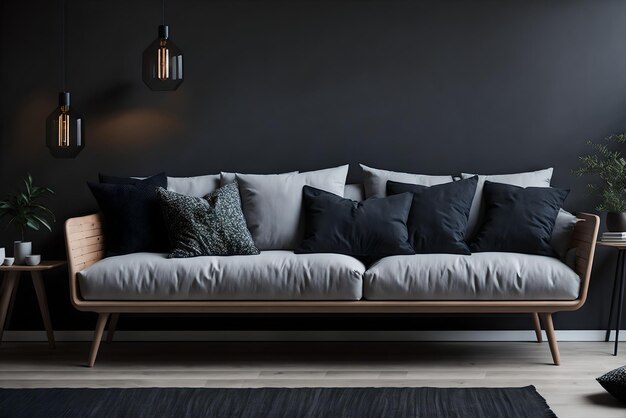 a couch with a light on it and a lamp hanging from the ceiling
