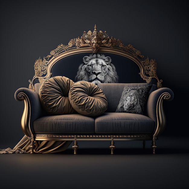 A couch with a lion head on it