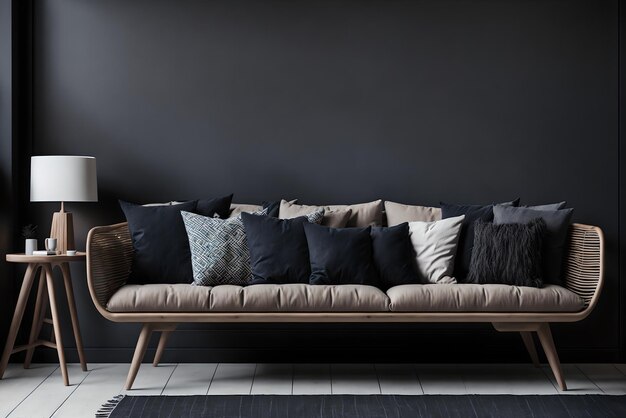 a couch with many pillows on it and a black background