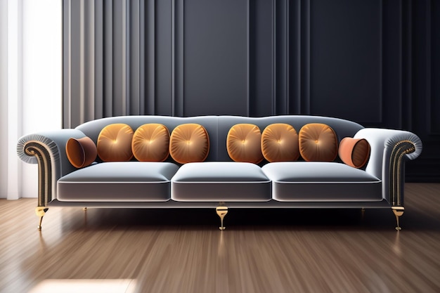 A couch with pillows on it and a black wall behind it.