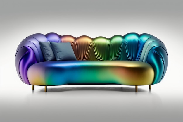 A couch with a rainbow colored pillow on it