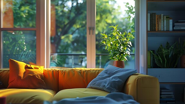 Photo a couch with a yellow blanket on it and a green plant on the top