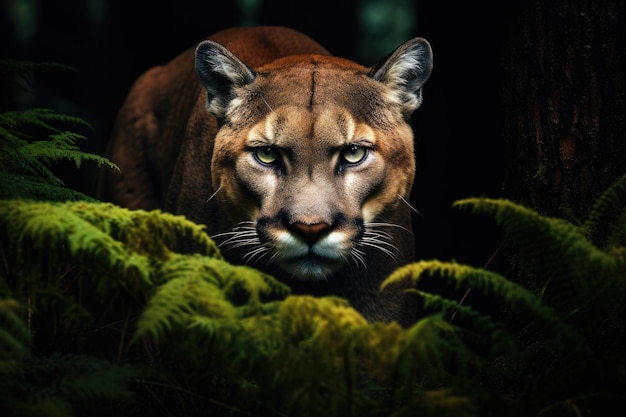 Cougar in the dark forest