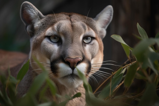 A cougar in the dark with a green leafy background
