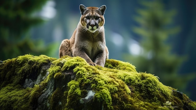 Cougar in the green forest