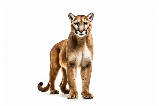 A cougar is standing on a white background