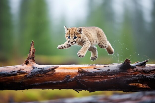 Cougar in midpounce over a log