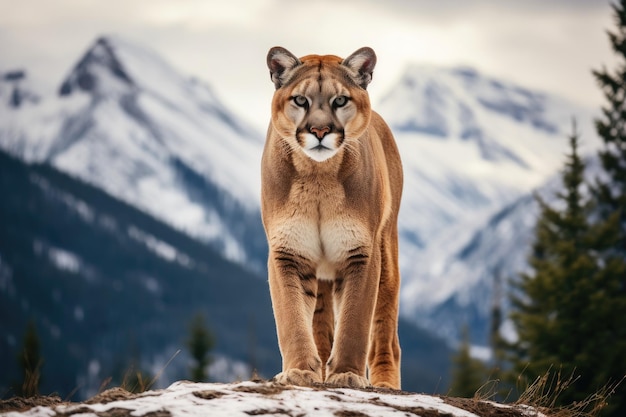 Cougar on a rocky mountain range with trees in the background