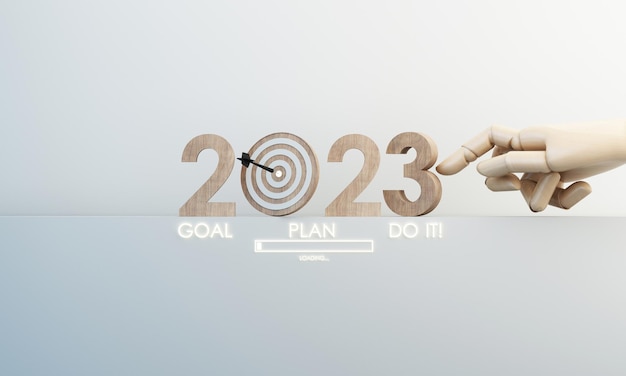 Countdown start new year 2023 with the vision and perspective
of planning to achieve goals concept for the future business and
management in cartoon illustration on white background 3d
rendering